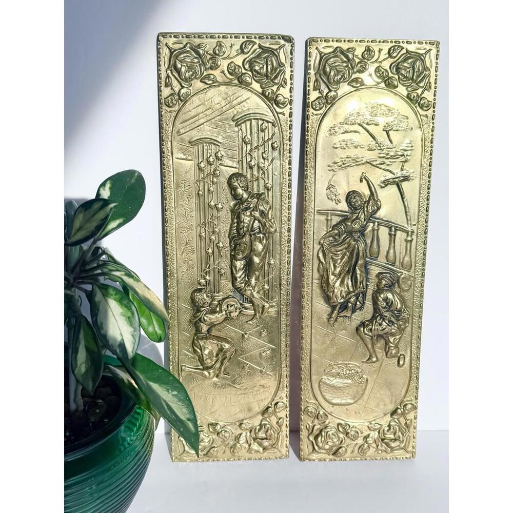 Vintage Embossed Brass Wall Art Decor Lute Player Plaque Dancer England Hanging